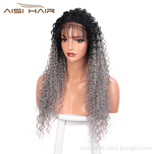 Aisi Hair Long Wavy Ombre Gray Dark Root Wig 13x6 Kinky Curly Wave Lace Frontal Wig Cosplay Front Lace Hair Wigs For Black Women